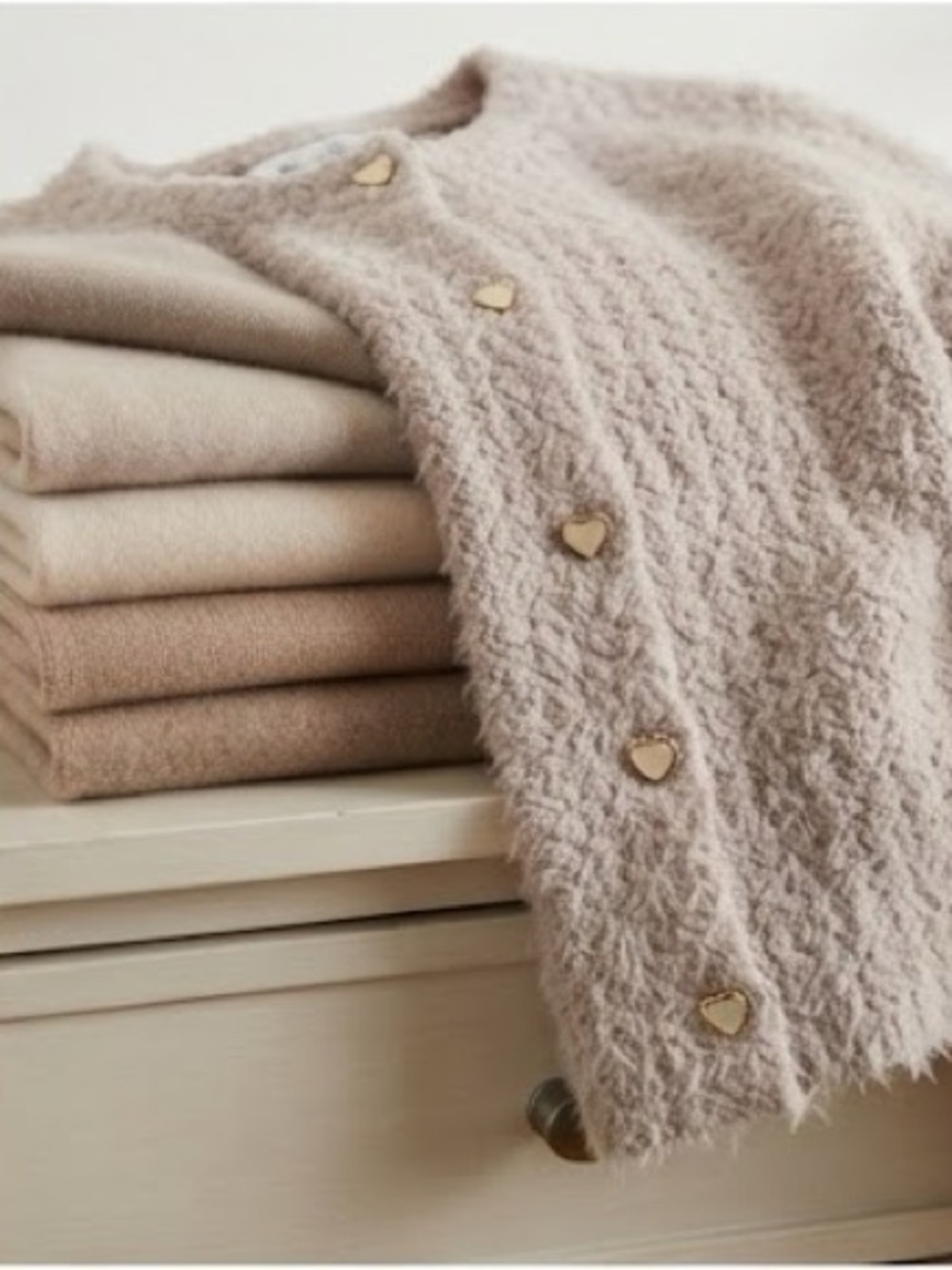 Jessica Simpson - Cozy Cropped Bouclé Cardigan Sweater -Beige w/Heart Buttons